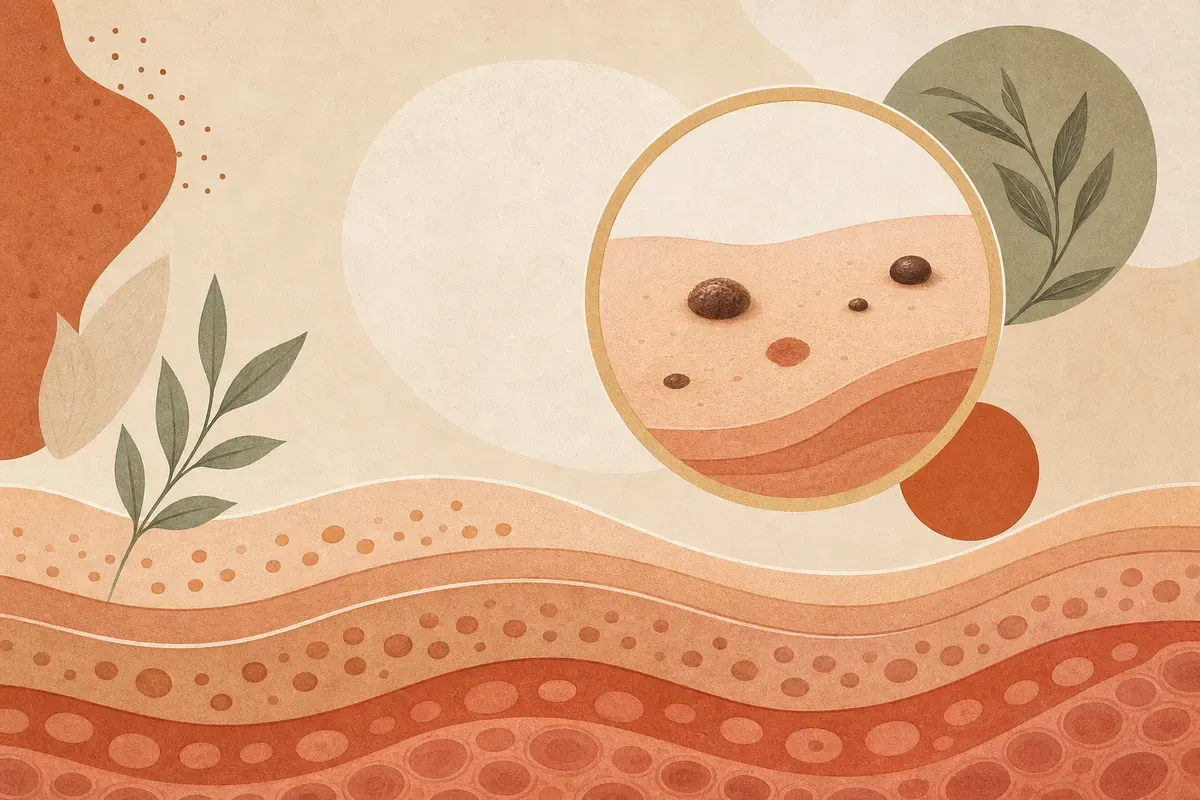 Ilustração de dermatologista avaliando uma pinta na pele com dermatoscópio antes da remoção