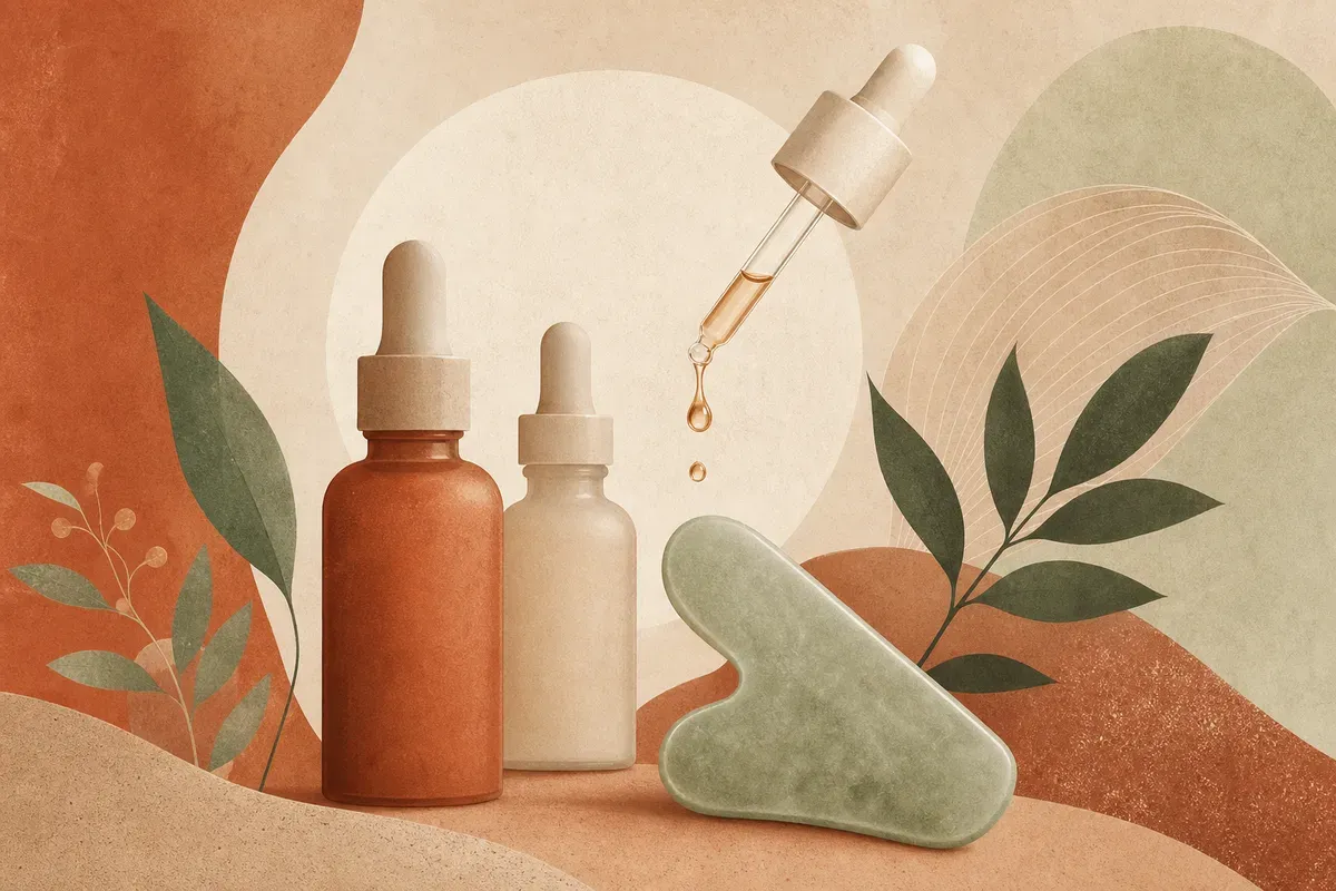 Ilustração de aplicação de sérum vitamínico facial com pingo do produto sobre a pele do rosto