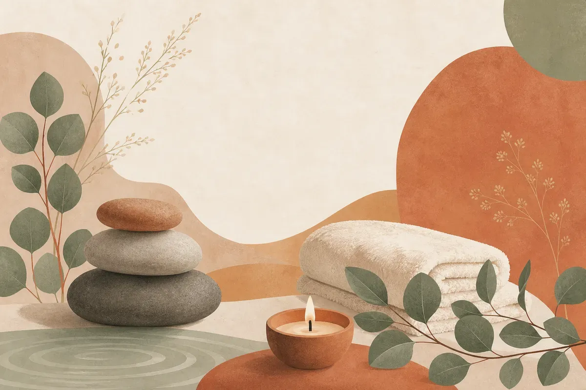Ilustração de sessão de shiatsu, com terapeuta aplicando pressão com as mãos nas costas de uma pessoa deitada e relaxada.