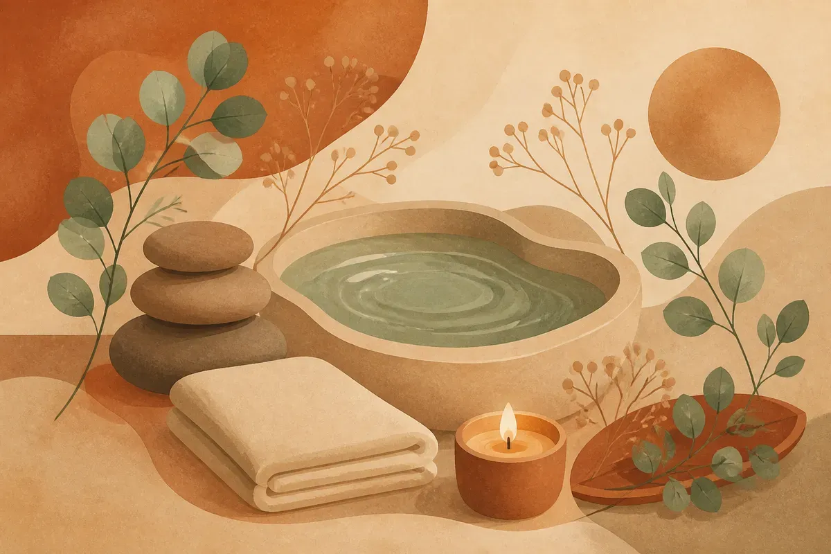 Ilustração de um ritual de spa dos pés, com escalda-pés em água com pétalas, esfoliação e massagem relaxante em ambiente higienizado e acolhedor.