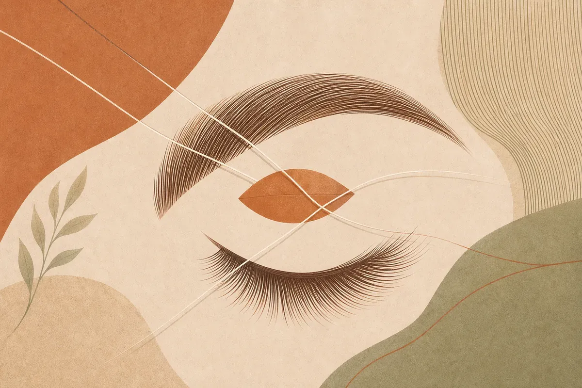 Ilustração de sobrancelha sendo modelada com a técnica de threading, usando fio de algodão torcido para remover os pelos