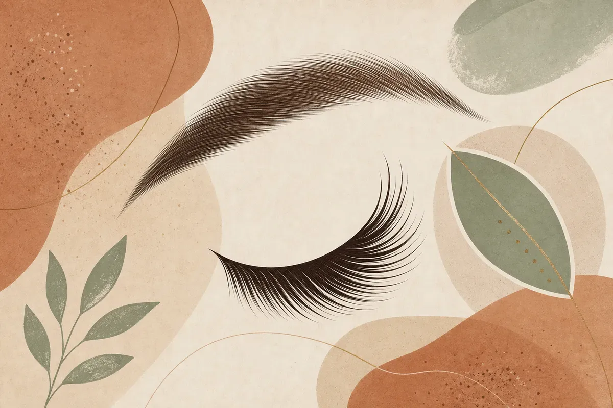 Ilustração de aplicação de tingimento de cílios, com os olhos fechados e a pálpebra inferior protegida, realçando o olhar.