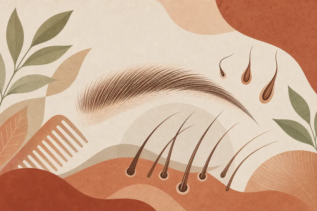 Ilustração do transplante de sobrancelha mostrando o implante individual de folículos retirados da nuca, respeitando o ângulo natural do arco da sobrancelha