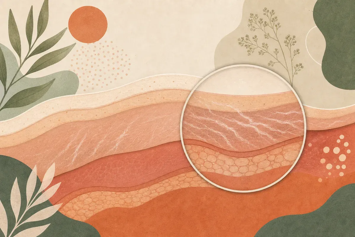 Ilustração de pele com estrias no abdômen sendo tratada com equipamento dermatológico para estímulo de colágeno