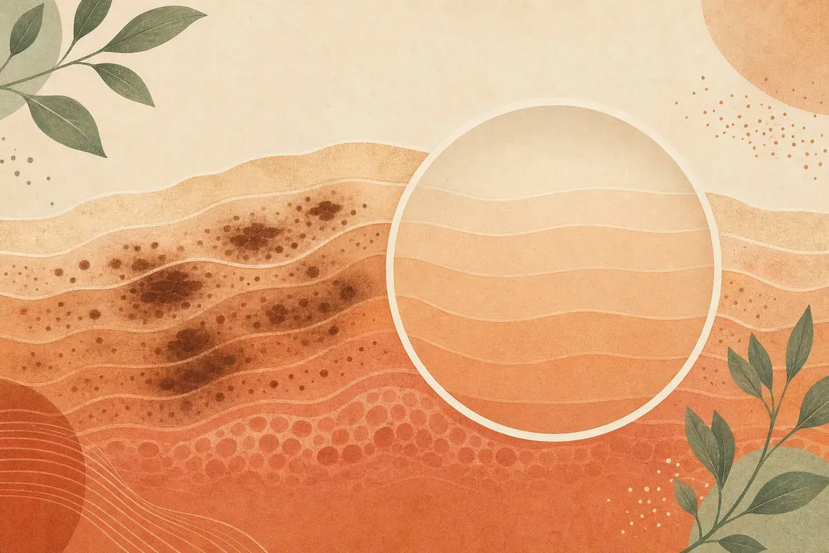 Ilustração de pele do rosto com manchas escuras sendo tratada por procedimento dermatológico para hipercromia.
