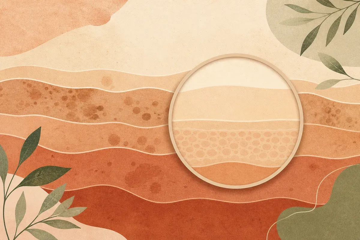 Ilustração de rosto com manchas acastanhadas simétricas nas maçãs do rosto representando melasma e o conceito de clareamento gradual.