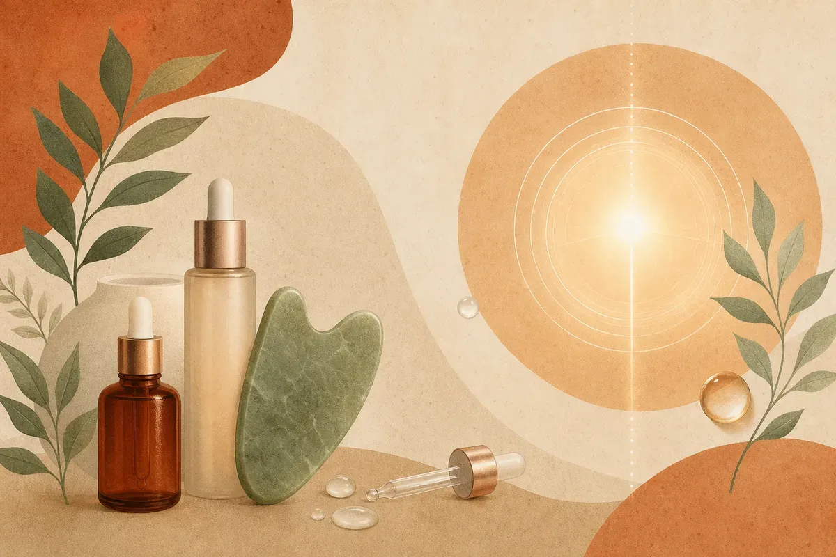 Ilustração de aplicação de ultrassom microfocado (HIFU) no rosto, mostrando o transdutor sobre a pele e o aquecimento das camadas profundas para estímulo de colágeno.