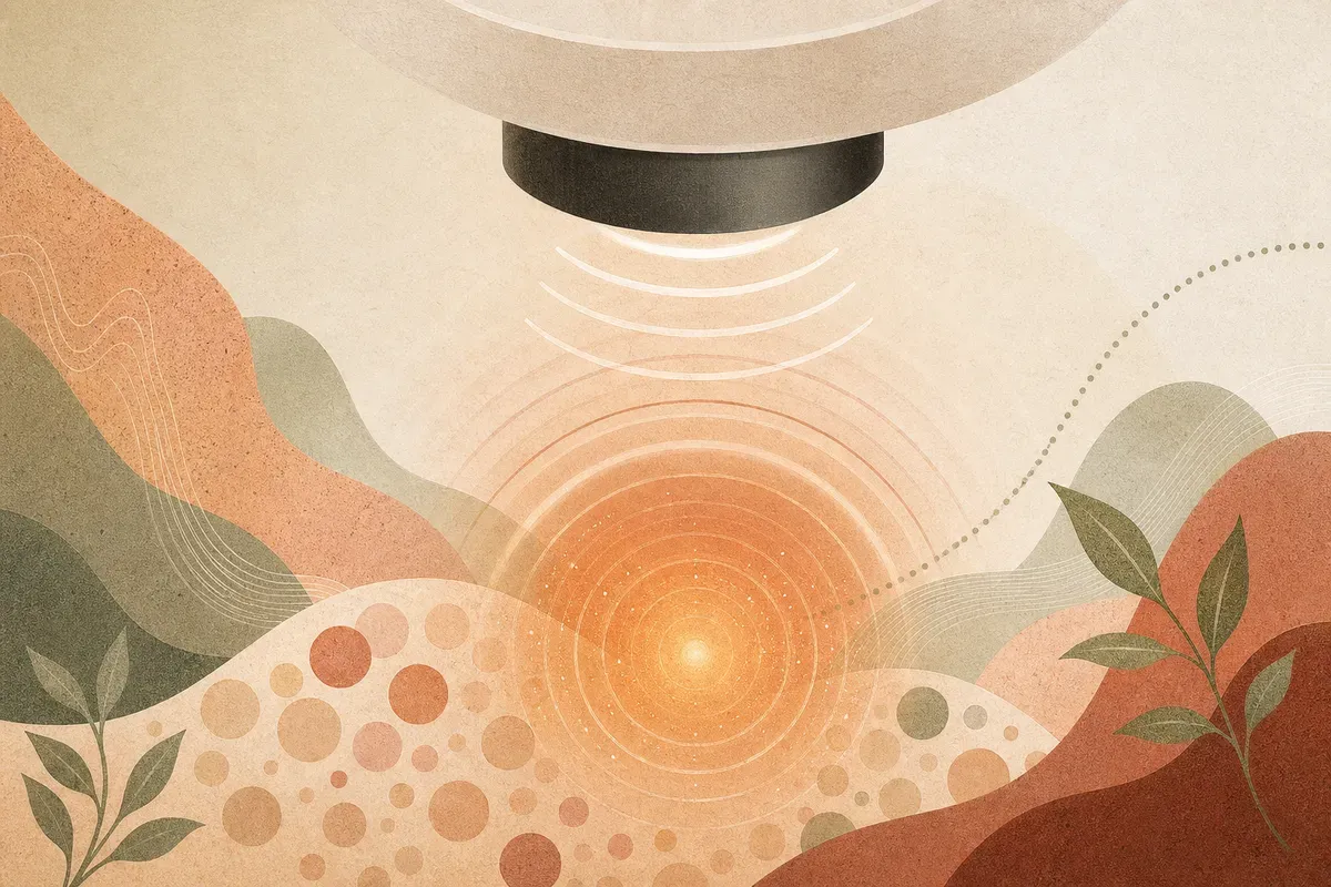 Ilustração de aplicação de ultrassom cavitacional no abdômen com transdutor sobre a pele e gel condutor