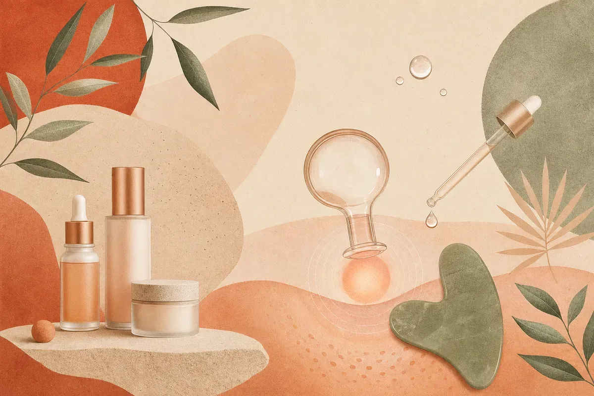 Ilustração de aplicação de vacuoterapia facial com ventosa de sucção deslizando sobre o rosto, seguindo o trajeto da drenagem linfática.